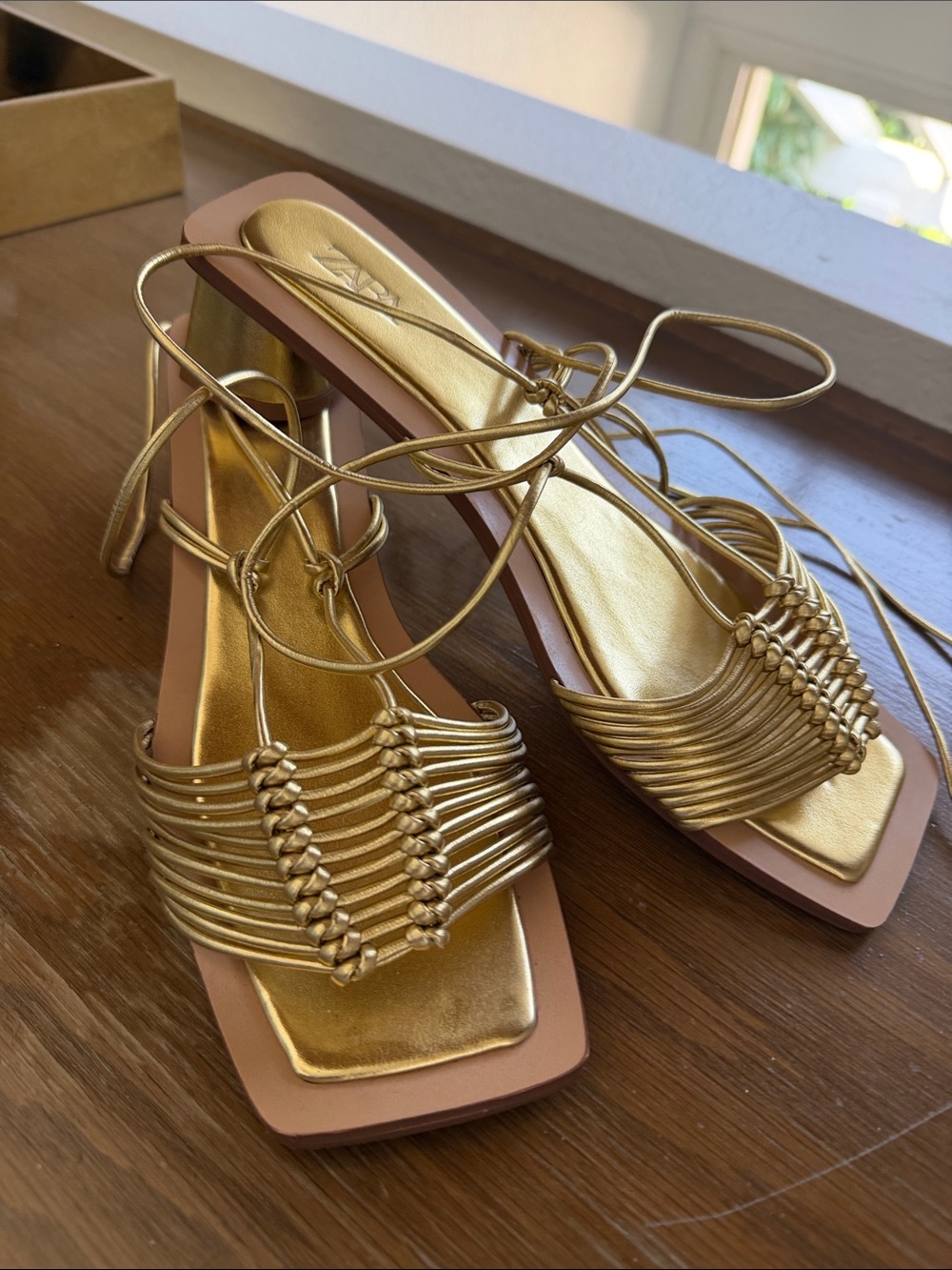 Zara  Gold Low Block Heel Wrap Sandal